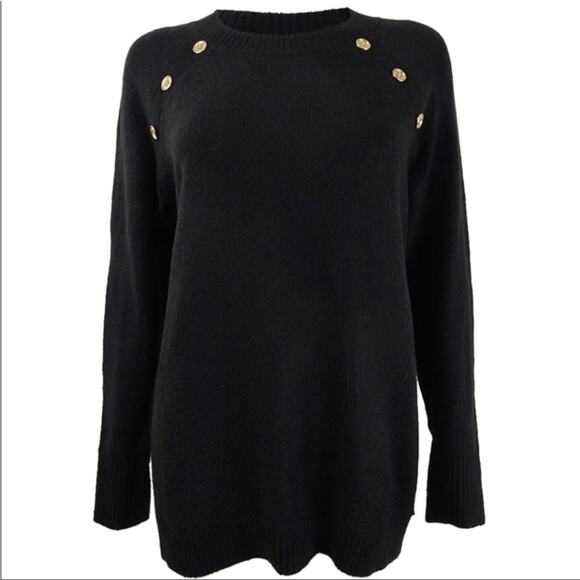 Calvin Klein Black Scoop Neck Gold Buttons Sweater SzL Long Sleeves & Loose Fit - Picture 1 of 13